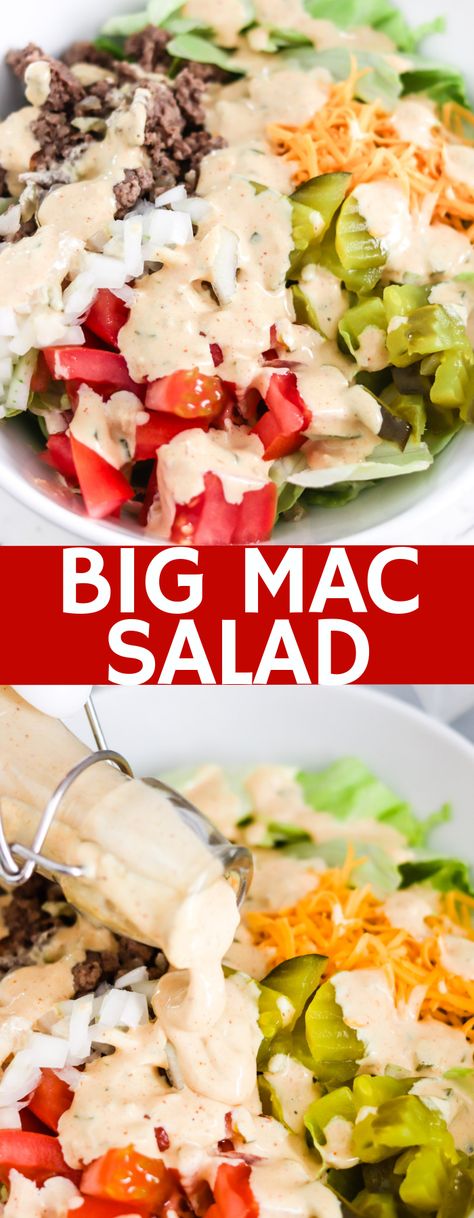 All of the classic Big Mac ingredients and flavors fill this delicious salad, but with no bun, there's no guilt! This low carb Big Mac Salad will become a dinner staple! Low Carb Big Mac Salad, Cheeseburger Salad Recipe, Low Carb Big Mac, Mac Salad Recipe, Big Mac Sauce Recipe, Salad Macaroni, Big Mac Salad, Mac Salad, Soup Appetizers