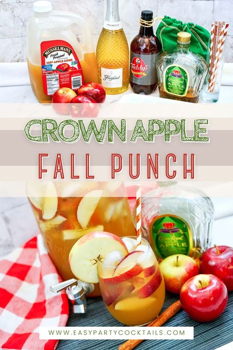 Sparkling Fall Punch Cocktail For A Crowd, Crown Royal Recipes, Fall Punch, Crown Royal Apple, Crown Apple, Apple Cider Punch, Thanksgiving Punch, Flavored Liquor, Fall Drink Recipes