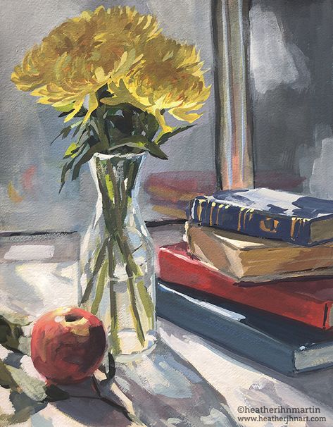 Heather Martin, Books And Flowers, Arte Van Gogh, Cute Canvas Paintings, Gouache Art, Classic Paintings, Arte Sketchbook, Art Et Illustration, Still Life Art