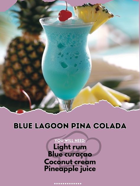 🍹 Dive into the refreshing Blue Lagoon Pina Colada! 🌴✨ #BlueLagoonColada #TropicalVibes Blue Lagoon Pina Colada Ingredients: Light rum (1 1/2 oz) Blue curaçao (1 oz) Coconut cream (2 oz) Pineapple juice (4 oz) Ice cubes Pineapple slice and cherry (for garnish) Instructions: Combine rum, blue curaçao, coconut cream, pineapple juice, and ice in a blender. Blend until smooth. Pour into a glass and garnish with a pineapple slice and cherry. Indulge in this vibrant and tropical drink, perfect ... Curacao Drink, Pina Colada Drinks, Liqueur Drinks, Drinks Recipe, Gin Drinks, Yummy Alcoholic Drinks, Light Rum, Rum Drinks, Vodka Drinks