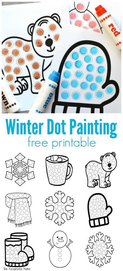 Using do a dot markers on free printable winter dot painting worksheets for a fun winter activity. 10 worksheets in all. Can also use dot stickers, bingo daubers, DIY dot painters, and more. Dot Painting Printables, Winter Activities Preschool, Dot Stickers, Fun Winter Activities, Do A Dot, Winter Preschool, Dot Markers, Painting Printable, Winter Crafts For Kids