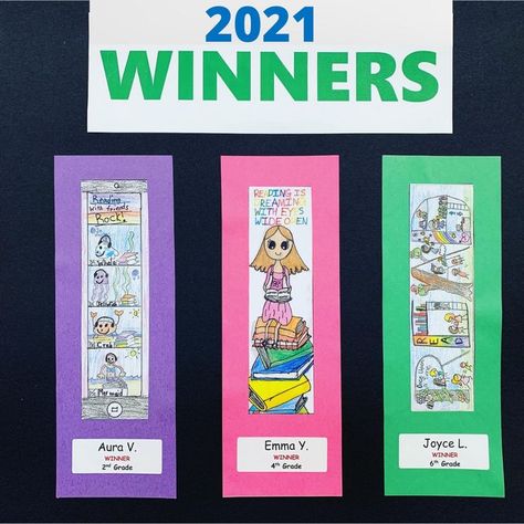 Do you have a creative kid who is always drawing? ✏️📖🖍 Have them enter our Bookmark Contest for Three Village children, Kindergarten through 6th grade! Winners receive the honor of having their bookmarks professionally printed. Download the Official Entry Form at emmaclark.org/bookmarkcontest. Entry deadline is March 31, 2022. Winners will be chosen in three categories (K – 2, 3rd & 4th, and 5th & 6th grades). Pictured: 2021 Winning Entries! Emma Clark, Library Bookmarks, Student Government, Creative Bookmarks, Elementary Library, Bookmarks Kids, Reading Corner, Creative Kids, Spring Crafts