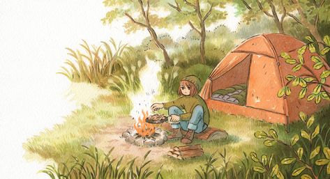 Camping Illustration, Camping Drawing, Solo Camping, Camping Aesthetic, Four Days, Watercolor And Ink, Cool Artwork, Aesthetic Art, Nature Art