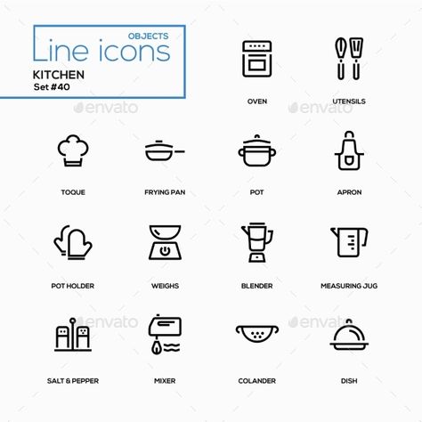 Kitchen utensils ¨C line design icons set. Everything about cooking things. Oven, toque, frying pan, pot, apron, holder, weights, b Cooking Icon, Pictogram Design, Kitchen Icon, Kitchen Logo, Cake Logo Design, Ui Patterns, Sharpie Tattoos, Restaurant Menu Design, Web Layout Design