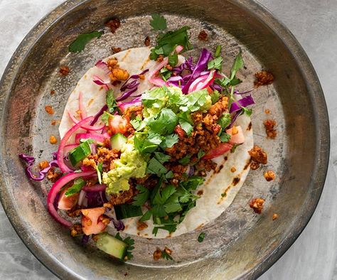 Nadia Lim's vegan tacos with walnut and almond chilli | Food To Love New Vegetarian, Nadia Lim, October Food, Sweet Potato Fritters, Quinoa Sweet Potato, Potato Fritters, Meat Free Monday, Chilli Recipes, Roasted Cherry