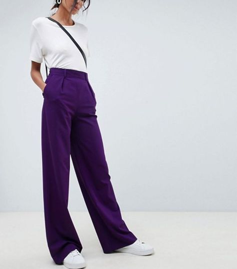 How to Wear Purple Pants—Stylish Outfit Ideas | Who What Wear Purple Trousers Outfit, Purple Pants Outfit, Trousers Outfit Casual, Tall Wide Leg Pants, Colored Pants Outfits, Purple Coat, Purple Jeans, Yellow Pants, Purple Pants