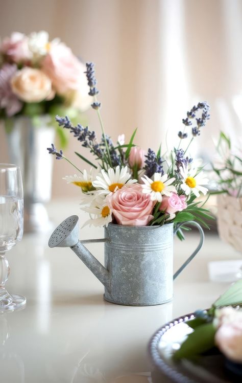 A small metal watering can, perfect for baby shower centerpieces, holds a bouquet of pink roses, white daisies, and lavender sprigs. It's placed on a glossy surface next to a wine glass, with blurred floral arrangements in the background. Baby Girl Baby Shower Ideas Spring, Botanical Garden Baby Shower Ideas, Garden Themed Centerpieces, Bridgerton Themed Baby Shower Ideas, Baby In Bloom Table Centerpieces, Baby In Bloom Baby Shower Centerpieces, May Baby Shower Ideas Girl, Baby In The Bloom Baby Shower Ideas, Wild Flowers Baby Shower Ideas