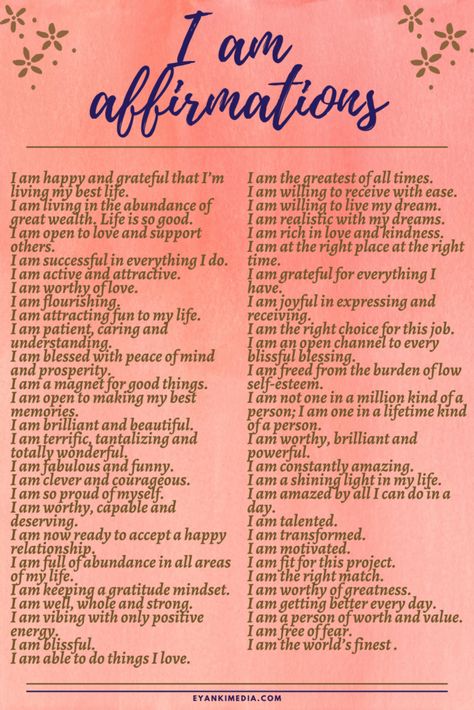 50 Positive I Am Affirmations List: I Am Statements For Yourself #energyprotection #selflove #spirituality Journal Affirmations I Am, Daily Affirmations I Am, I Am Daily Affirmations, List Of Positive Affirmations, Positive I Am Affirmations, I Am Quotes Daily Affirmations, Powerful Affirmations For Success, Powerful I Am Affirmations, I Can Affirmations