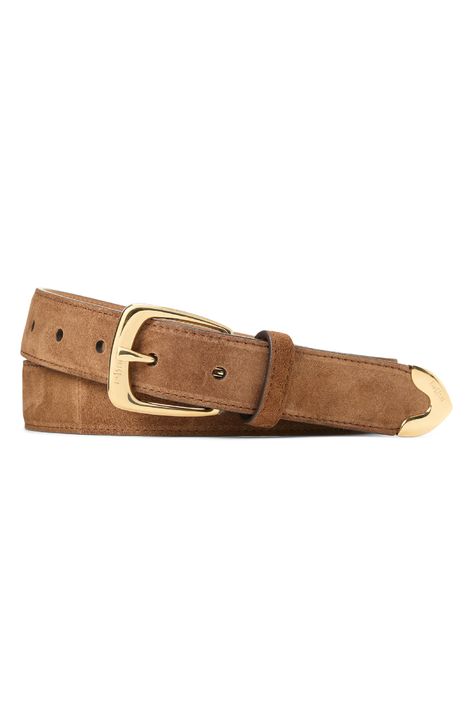 Softly brushed suede furthers the everyday appeal of a belt that's crafted in Italy and finished with golden hardware at the tip and buckle. Leather Made in Italy Cute Western Belt, Suede Belt Outfit, Brown Wishlist, Equestrian Accessories, Belts Aesthetic, Shuffle Outfits, Fall Wishlist, Working Clothes, Trendy Belts