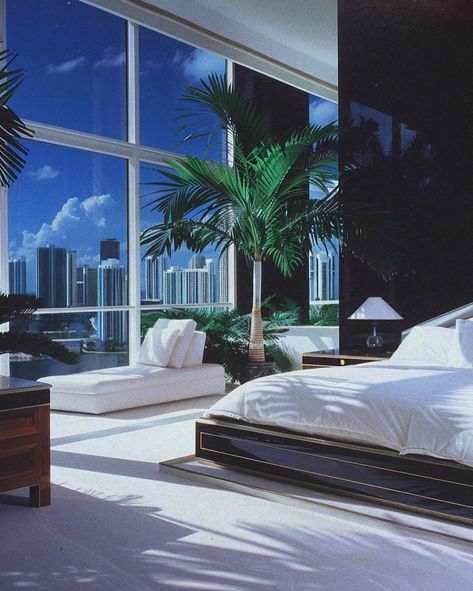 1980s Miami skyline views 🌴 [AI] Get your wall posters on liminaldestinations.com and AI prompts on Ko-fi (links in bio!) • • • • #80sinterior #1980sinterior #80saesthetic #1980s #80svibes #80snostalgia #80sdecor #80s #80spenthouse #80smansion #vintage #interiordesign #homedecor #luxuryhomes #midcentury #midcenturymodern #postmodern #luxury #liminal #vaporwave #retrowave #miami #penthouse #miamivice #vicecity Liminal Vaporwave, 80s Bed, 1980s Interior Design, 80’s Decor, Miami Penthouse, 1980s Interior, Set Design Photography, Casa Retro, Greece Villa