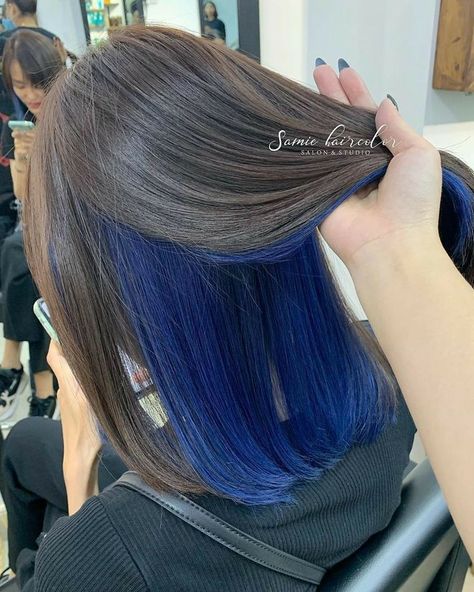 Brown Hair Blue Peekaboo, Denim Blue Peekaboo Hair, Dark Blue Hair Underneath Brown, Light Brown Hair With Blue Underneath, Undercolor Hair Ideas For Brown Hair, Blue And Light Brown Hair, Blue Hair On Brown Hair, Hidden Light Hair, Hidden Hair Color Ideas