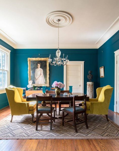 Wallpaper Dining Room Ideas, Teal Dining Room, 2023 Dining Room, Dining Room 2023, Dining Room Teal, Wallpaper Dining Room, Ranch Makeover, Yellow Dining Room, Teal Living Rooms