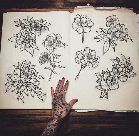 Tattoo designs by Hannah Pixie Snowdon Hannah Snowdon Tattoo, Hannah Tattoo, Hannah Pixie Snowdon, Hannah Snowdon, Hannah Pixie, Saved Tattoo, Flower Line Drawings, Tattoo Flash Sheet, Floral Tattoo Design