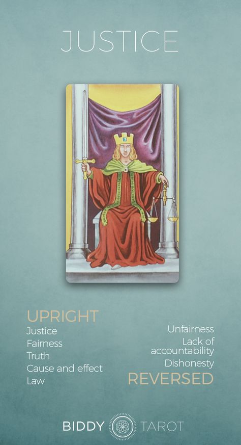 Justice Tarot Card Meaning - Get the full description at biddytarot.com justice tarot meaning, justice card upright, justice card reversed, major arcana meanings Justice Tarot Card Meaning, Major Arcana Meanings, Justice Tarot Card, Justice Tarot, Biddy Tarot, Tarot Interpretation, Learning Tarot Cards, Tarot Guide, Free Tarot Reading