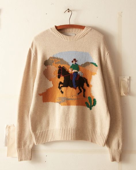 Cowboy Crewneck – BODE Desert Cowboy, Cool Jumpers, Woman's Closet, Cowboy Design, Unique Sweaters, Knitwear Men, Kids Sweater, Knitting Inspiration, Sweater Weather