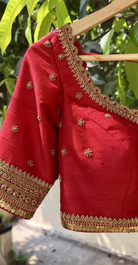 Red Zardosi Blouse, Pellikuthuru Blouse Designs, Red Silk Blouse Embroidery Designs, Simple Bridal Blouse Work Designs, Red Saree Aari Work Blouse, Blouse Embroidery Designs Silk Indian Bridal, Red Maggam Blouse, Muhurtam Blouse Designs, Maroon Maggam Work Blouse