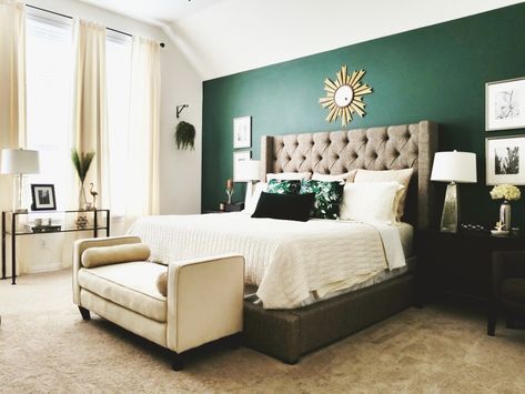 Romantic master with hunter green accent wall Bedroom With Emerald Green Wall, Accent Wall Emerald Green, Neutral With Green Accents, Emerald Green Accent Colors, Emerald Green Accents Bedroom, Hunter Green And White Bedroom, Green Bed Master Room, Emerald Green Interior Design Bedroom, Emerald Master Bed