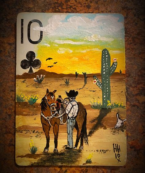 Unicorn spit gel stain on a playing card Painting On A Deck Of Cards, Western Drawings, Cowboy Draw, Cowboy Artwork, 4h Projects, A Playing Card, Card Painting, Cowboy Artists, A Deck Of Cards