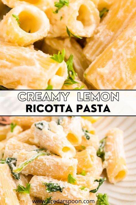 Creamy Lemon Ricotta Pasta Lemon Ricotta Pasta With Shrimp, Lemon Ricotta Stuffed Shells, Lemon Ricotta Pasta With Spinach, Pasta Lemon, Charcuterie Lunch, Lemon Ricotta Pasta, Ricotta Stuffed Chicken, Pasta Side, Lemon Garlic Shrimp Pasta