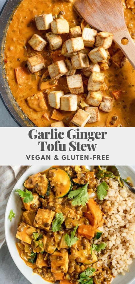 A vegan tofu stew infused with fresh ginger, garlic and a touch of spice. The perfect easy weeknight dinner recipe. This stew is vegan, gluten-free and can be easily modified to your preference. Stew Tofu Recipes, Vegan Dinner Recipes Tofu, Vegan Gluten Free Tofu Recipes, Spicy Tofu Stew, Easy Vegan Winter Meals, Vegan Ginger Recipes, Weeknight Vegan Dinners, Vegan Weeknight Dinners, Vegan Winter Dinner Recipes