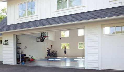 Family Installs a Sport-Court Garage in Chanhassen Home Gyms Ideas Garage, Indoor Sports Court, Home Basketball Court, Farmhouse Garage, Garage Floor Paint, Home Gym Garage, Garage Addition, Indoor Basketball Court, Garage Remodel