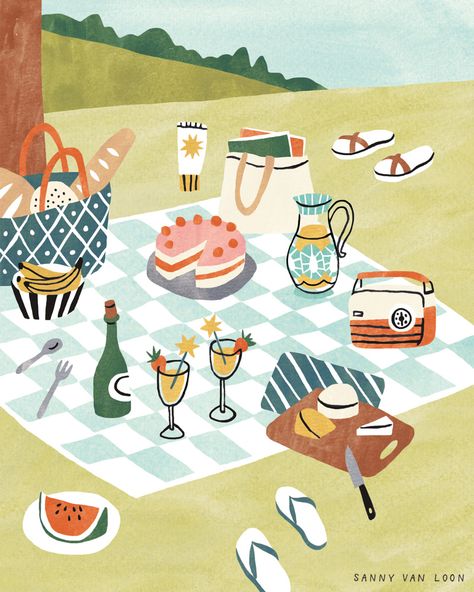 Picnic Art Illustration, Picnic Drawing, Loon Illustration, Sunday Illustration, Picnic Illustration, Illustrated Gift, Sunny Sunday, Summer Illustration, Illustrators On Instagram