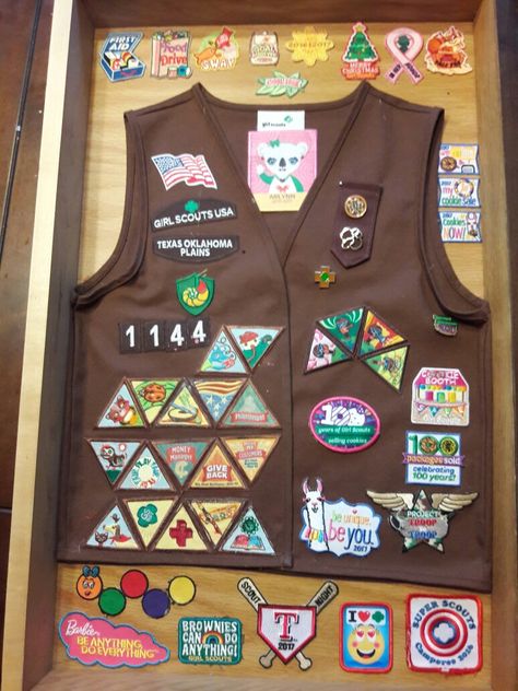 Brownie Vest shadowbox, girl scout memory box Brownie Vest, Girl Scout Brownie Badges, Girl Scout Vest, Girl Scout Sash, Scout Law, Girl Scout Law, Girl Scout Bridging, Vest Ideas, Brownie Badges