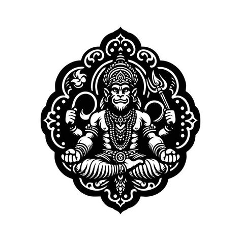 A black and white drawing of a buddha wi... | Premium Vector #Freepik #vector #hanuman #rahu #nataraja #hindu-symbols Hanuman Vector, Hindu Symbols, Black Mandala, Tiger Tattoo Design, Fabric Painting Techniques, Door Design Images, White Drawing, 2d Design, Africa Art