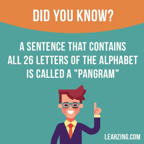 Did you know? A sentence that contains all 26 letters of the alphabet is called a "pangram". #english #englishlanguage #learnenglish #studyenglish #facts #factoftheday #didyouknow #interestingfacts Humour, Facts About English, About English Language, English Punctuation, Fun Facts For Kids, Proper English, Sentence Correction, Word Girl, Did You Know Facts