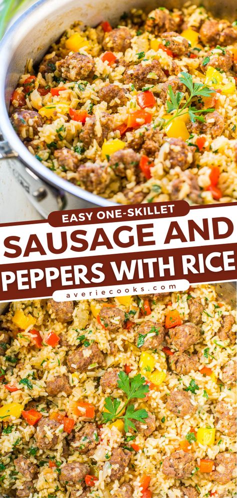 Italian Sausage and Peppers Skillet with Rice - Averie Cooks Sausage And Peppers With Rice, Italian Sausage And Peppers, Sausage Peppers And Onions, Averie Cooks, Italian Sausage Recipes, Sausage Dishes, Ground Italian Sausage, One Skillet, Sweet Italian Sausage