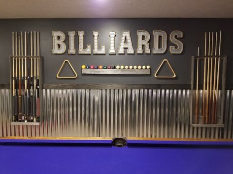 Accent Wall For Game Room, Pool Room Wall Decor, Pool Table Wall Decor, Pool Cue Wall Rack, Basement Billiard Room Ideas, Garage Pool Table Room, Diy Pool Cue Rack, Diy Game Room Decor, Diy Display Wall