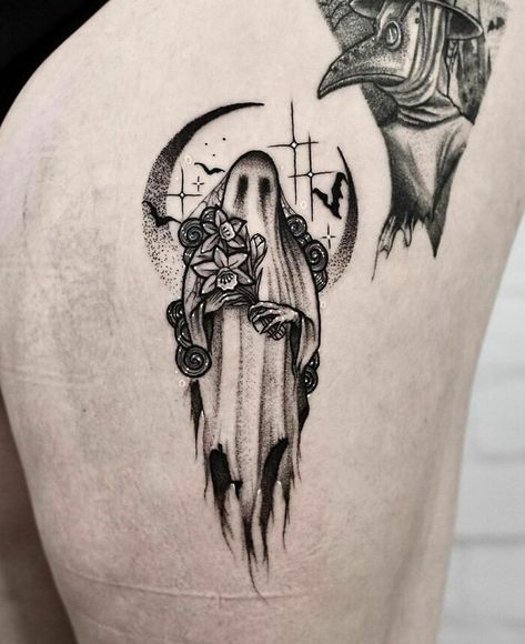 Creepy Forarm Tattoos, Goth Inspired Tattoo, Pretty Ghost Tattoo, Creepy Cute Matching Tattoos, Spooky Sleeve Tattoos For Women, Ghost Tattoos Scary, Witch Tattoo Small, Goth Arm Tattoo, Witchy Tattoos For Women