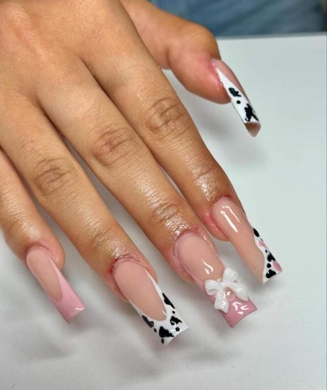 Cow French Tip, Cowboy Nails, Bow Nails, Forever Roses, Cow Nails, Tapered Square Nails, Drip Nails, Colored Acrylic Nails, Girly Acrylic Nails