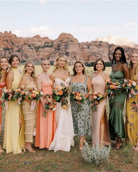 Desert Spring Wedding, Desert Wedding Bridesmaids, Desert Sunset Wedding Colors, Arizona Wedding Bridesmaids, Tropical Wedding Bridesmaid, Bhldn Bridesmaid Dress Sedona Sunset, Azazie Bridesmaid Dresses Desert Rose, Desert Weddings, Arizona Sunset