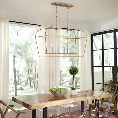 Jesli 6 - Light 48.5-Inch Dimmable Kitchen Island Linear Lantern Rectangle Chandelier Two Pendants Over Dining Table, Dining Room Lantern Chandelier, Kitchen Table Chandelier, Kitchen Chandelier Over Table, Chandelier Candle, Gold Dining Room, Kitchen Table Lighting, Dining Table Light, Dining Table Lighting