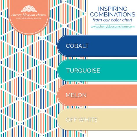 Color Combinations | Cobalt Blue Turquoise Melon Orange Off White | Cherry Blossom Charm Blue Complementary Color, Turquoise Color Combinations, Turquoise Color Scheme, Color Melon, Blue Color Combinations, Teal Decor, Orange Color Palettes, Color Schemes Colour Palettes, Blue Palette