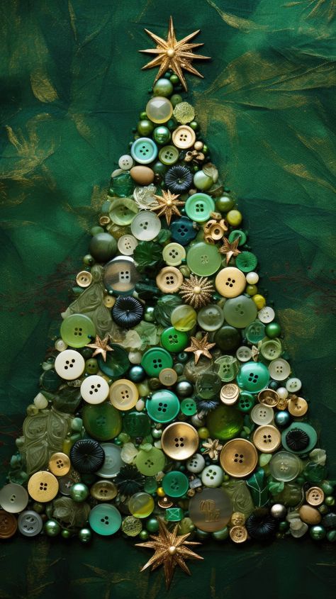 An abstract representation of a Christmas tree, formed from collaged green fabric swatches and adorned with button 'ornaments' Christmas Button Crafts, Button Art On Canvas, Button Art Projects, Buttons Crafts Diy, Button Projects, Christmas Jewelry Diy, Button Ornaments, Jeweled Christmas Trees, Button Creations