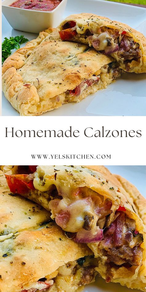 A calzone is one of the most versatile meals there is to make. There are no limits as to what a calzone can be filled with. Some of the more common ingedients include: pepperoni, sausage, cheese and veggies. However, feel free to use whatever you like. Hamburger Calzone Recipe, Steak Calzone Recipe, Italian Sausage Calzone, Veggie Calzone Recipe, Italian Calzone Recipe, Ground Beef Calzone Recipe, How To Make A Calzone, Homemade Calzones With Pizza Dough, Easy Calzones With Pizza Dough