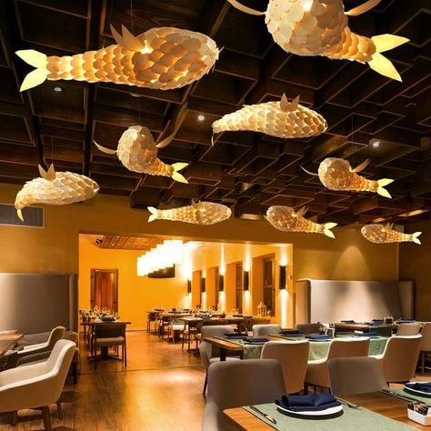 Unique Wooden Vivid Fish-shape Pendant Light - Natural Wood - On Sale - Overstock - 37841673 Fish Hanging From Ceiling, Zen Restaurant Design, Small Restaurant Design Exterior, Gaggan Restaurant, Fish Lighting, Lighting For Restaurants, Premium Restaurant, Restaurant Lights, Natural Wood Bed