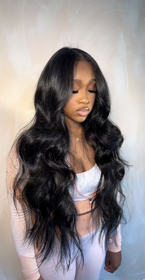 Wrapped Ponytail Black Women, Black Straight Hair Black Women, Middle Part Jet Black Sew In, Met Gala Hairstyles Black Women, Curled Hairstyles For Black Women, Professional Hairstyles For Black Women, Cute Hairstyles Black Women, See In, Hair Black Women