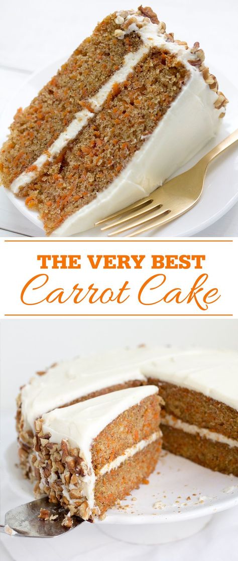 The very best recipe for classic carrot cake without nuts or raisins on the inside. Layered and topped with cream cheese frosting. Creamy Frosting, Shredded Carrots, Best Carrot Cake, Carrot Cake Recipe, Carrot Recipes, Cake With Cream Cheese, Moist Cakes, Savoury Cake, Crowd Pleaser