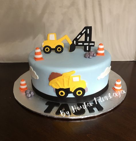 Construction vehicles birthday cake, dump truck and earth mover Vehicles Birthday Cake, 4th Birthday Cakes For Boys, Dump Truck Birthday Cake, Construction Birthday Party Cakes, Construction Theme Cake, Construction Truck Birthday, Truck Birthday Cake, Construction Birthday Cake, Cake Designs For Boy