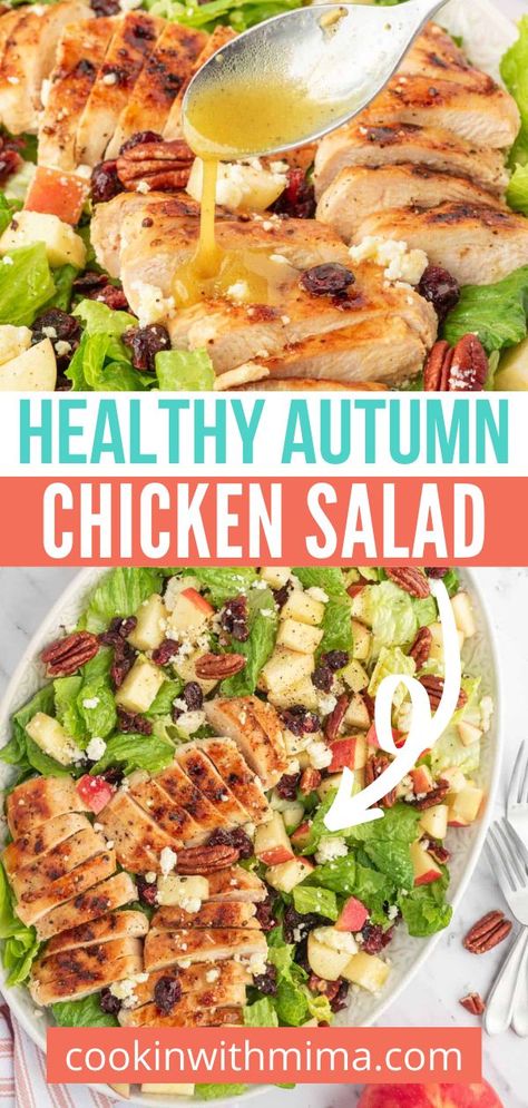 Pulled Chicken Salad Recipe, Apple Salad Dressing, Romaine Lettuce Recipe, Lunch Recipies, Autumn Chicken, Healthy Autumn, Chopped Chicken Salad, Maple Dressing, Potluck Salad