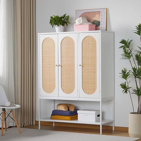 Amazon.com: LEVNARY Large Armoire Wardrobe Closet with 3 Doors, Rattan Wardrobe Cabinet with Shelves and Hanging Rail for Clothes, Freestanding Wooden Closet for Bedroom (White) : Home & Kitchen Rattan Armoire, Rattan Wardrobe, Kids Closet Storage, Large Armoire, Breeze Color, Wardrobe Storage Cabinet, Armoire Wardrobe Closet, Doors Wardrobe, Armoire Cabinet