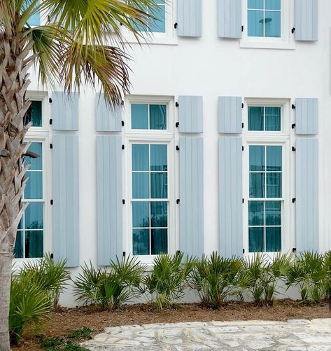 Blue Beach House Exterior, Coastal Exterior House Colors, House Shutter Colors, Coastal Homes Exteriors, Exterior Shutter Colors, Beach House Exterior Colors, Shutter Paint Colors, Beach House Paint Colors, White Stucco House