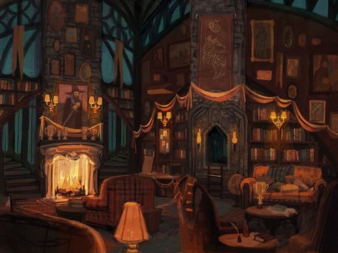 Gryffindor Common Room, Miranda Moorhead on ArtStation at https://www.artstation.com/artwork/v2Amyd Harry Potter Common Room, Hogwarts Common Rooms, Hogwarts Room, Hufflepuff Common Room, Ravenclaw Common Room, Gryffindor Common Room, Gryffindor Aesthetic, Hufflepuff Aesthetic, Harry Potter Bedroom