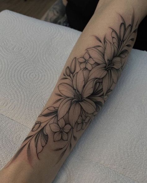 Lily Flower Tattoos Forearm, Stargazer Lilly Tattoo, Water Lily Tattoo Sleeve, Lily Forearm Tattoo, Brent Tattoo, Lily Arm Tattoo, Lily Tattoos For Women, Lily Tattoo Sleeve, Tiger Lily Tattoo