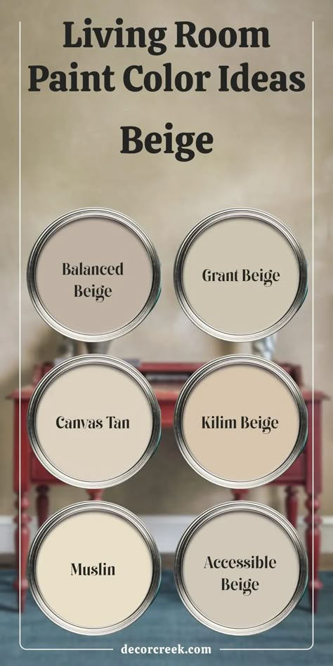 The image presents six beige paint colors for living rooms under the title "Living Room Paint Color Ideas Beige." Each color is shown as a circular sample, set against a warm beige wall background with a red console table and blue rug in the foreground. The featured colors are Balanced Beige, Grant Beige, Canvas Tan, Kilim Beige, Muslin, Accessible Beige. Traditional Farmhouse Decor Living Room, Creamy Yellow Color Palette, Beige Wall Paint Colors, Warm Neutral Paint Colors Living Room, Living Room Color Wall, Balanced Beige Color Scheme, Accesible Beige Coordinating Colors, Cream Beige Living Room, Colors That Go With Accessible Beige