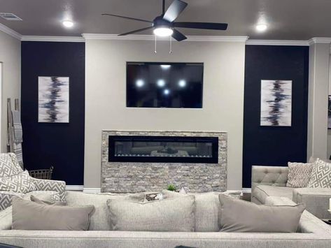 White And Navy Living Room Ideas, Navy Blue Accent Wall Living Room Tv, Black White And Blue Living Room Decorating Ideas, Navy Blue Tv Wall, Navy Blue Wall Living Room, Navy Black And White Living Room, Blue Tv Wall, Navy Blue Accent Wall Living Room, Navy Accent Wall Living Room