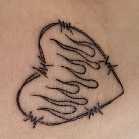 Minimalistic Flame Tattoo, Simple Tattoos Heart, Electric Heart Tattoo, Angel On Fire Tattoo, Fiery Heart Tattoo, Leg Drawings Tattoo, Heart And Flame Tattoo, Flaming Heart Tattoo Simple, Three Lines Tattoo